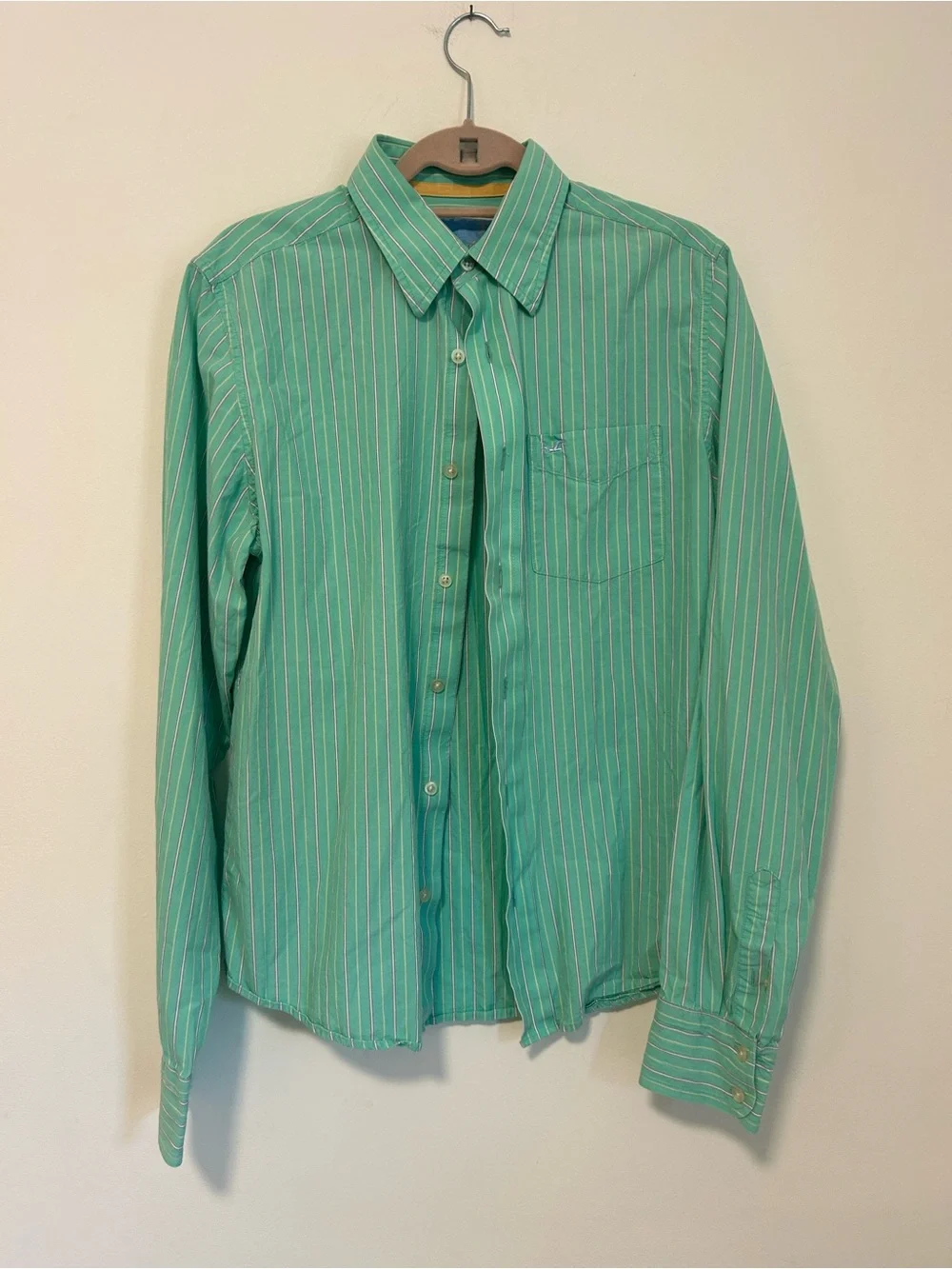 Hollister Green and White Vertical Stripe Dress Shirt